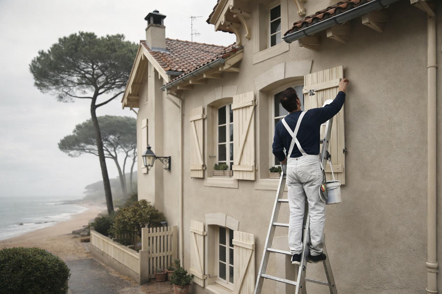 artisan peintre vérifiant façade maison hiver Arcachon