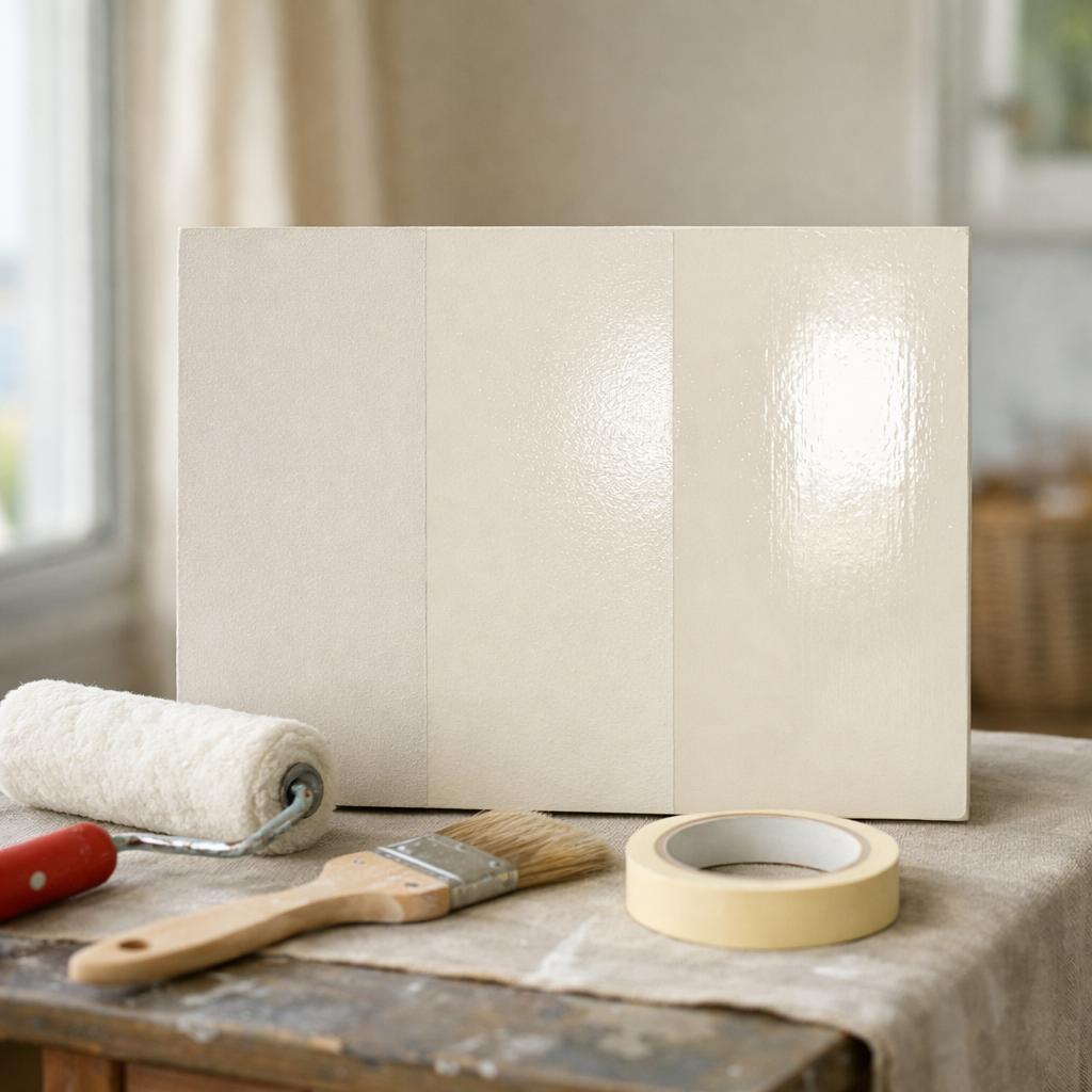 Échantillons de peinture mate satinée et brillante sur mur intérieur (rendu et lumière)