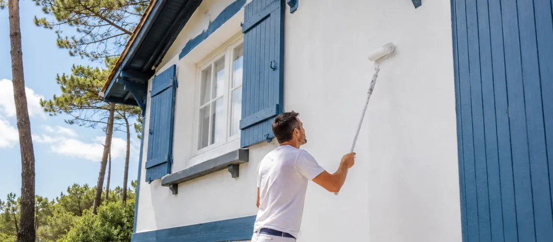 artisan peintre au travail sur une façade à Arcachon