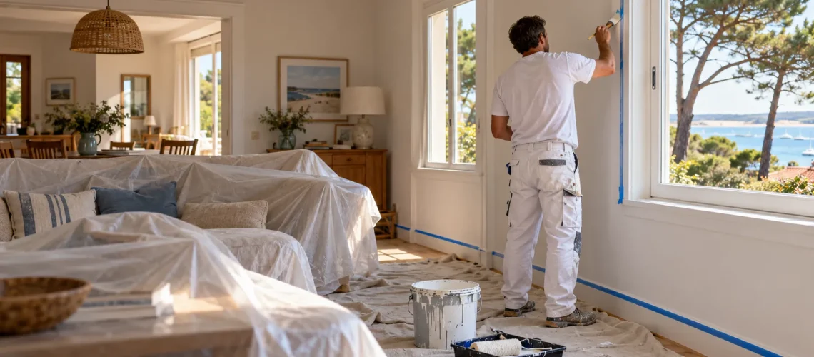 Artisan peintre au Pyla préparant les murs d’un séjour dans une maison habitée