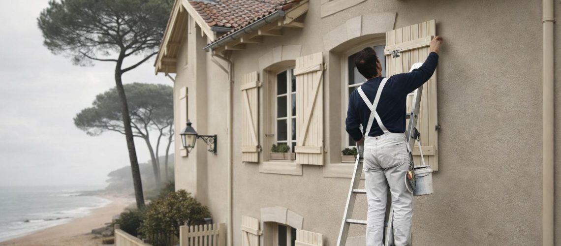 artisan peintre vérifiant façade maison hiver Arcachon