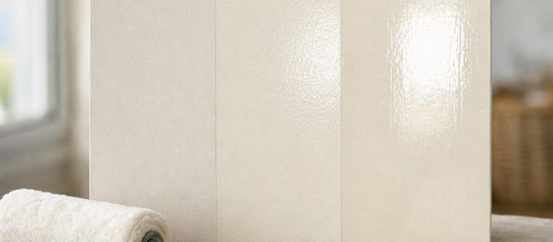Échantillons de peinture mate satinée et brillante sur mur intérieur (rendu et lumière)