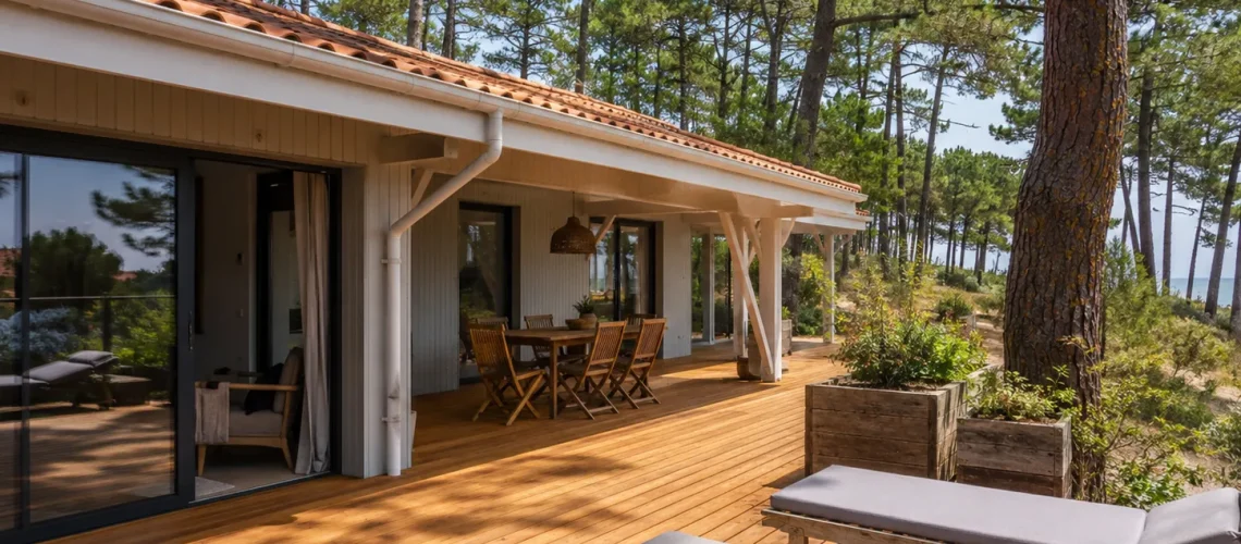 Terrasse bois pin maritime traitée au saturateur à Gujan-Mestras, Bassin d'Arcachon